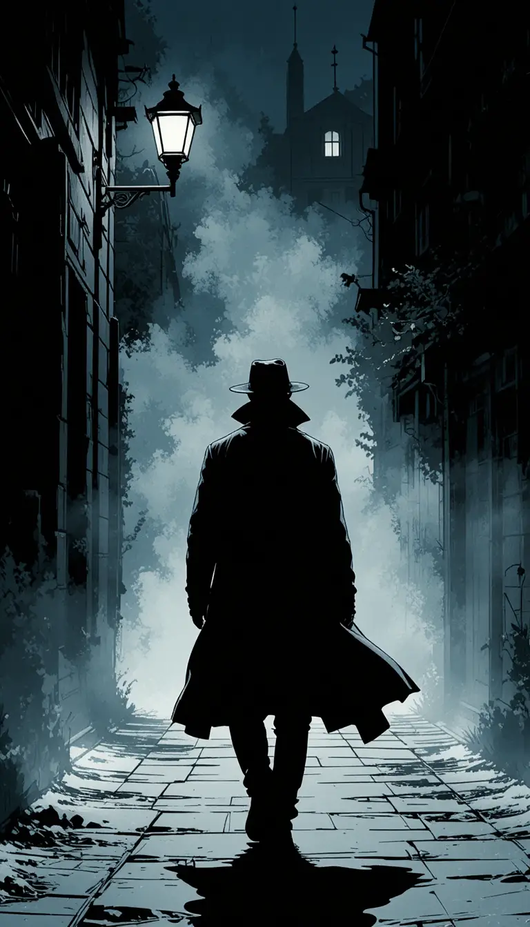 Noir detective silhouette walking through a foggy alley