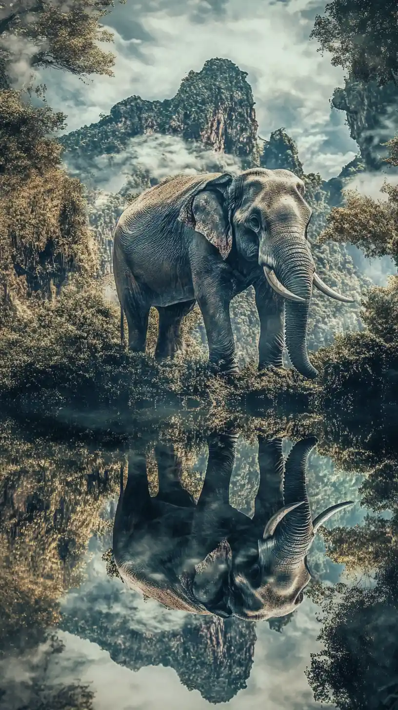 Surreal illusion of an elephant in a multi layered scene