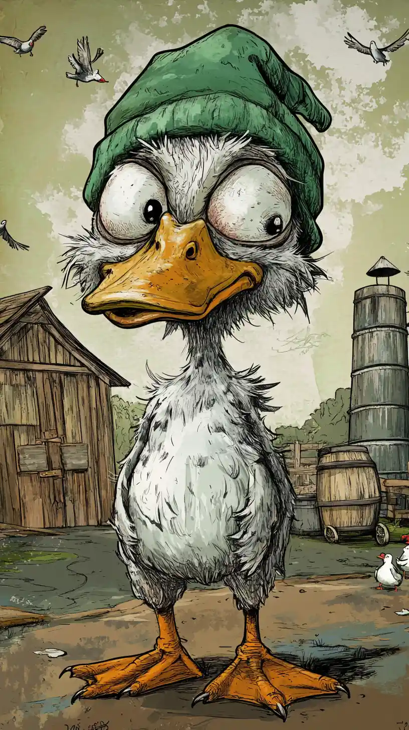 Sleepy cartoon duck in a rustic farmyard scene