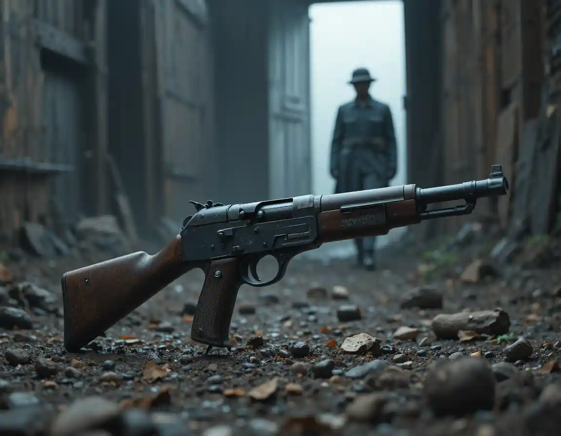 Pistola della Prima Guerra Mondiale con baionetta in una trincea fangosa in primo piano
