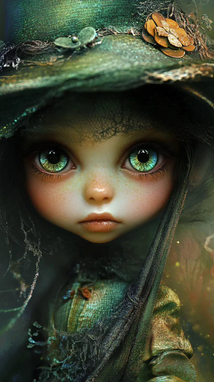 Baby leprechaun with shimmering gradient eyes in soft focus