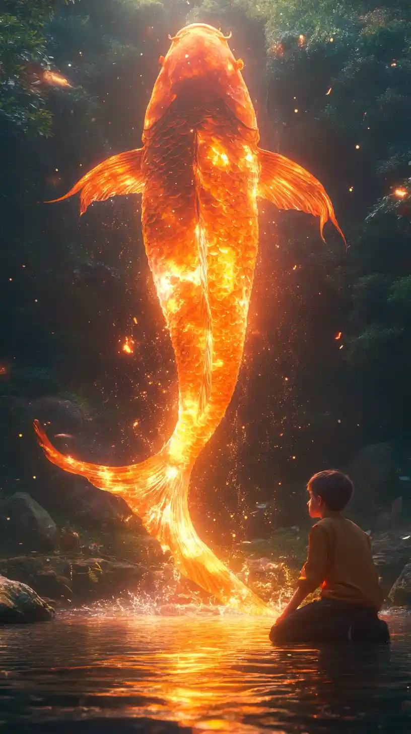 Boy Kneeling Beside Giant Glowing Koi Above Lake
