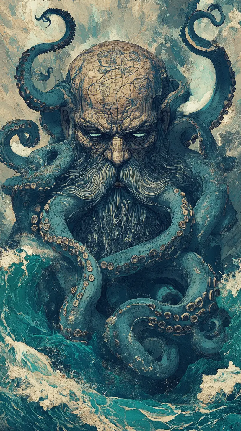 古老人魚王在暴風海中捲動觸手現身
