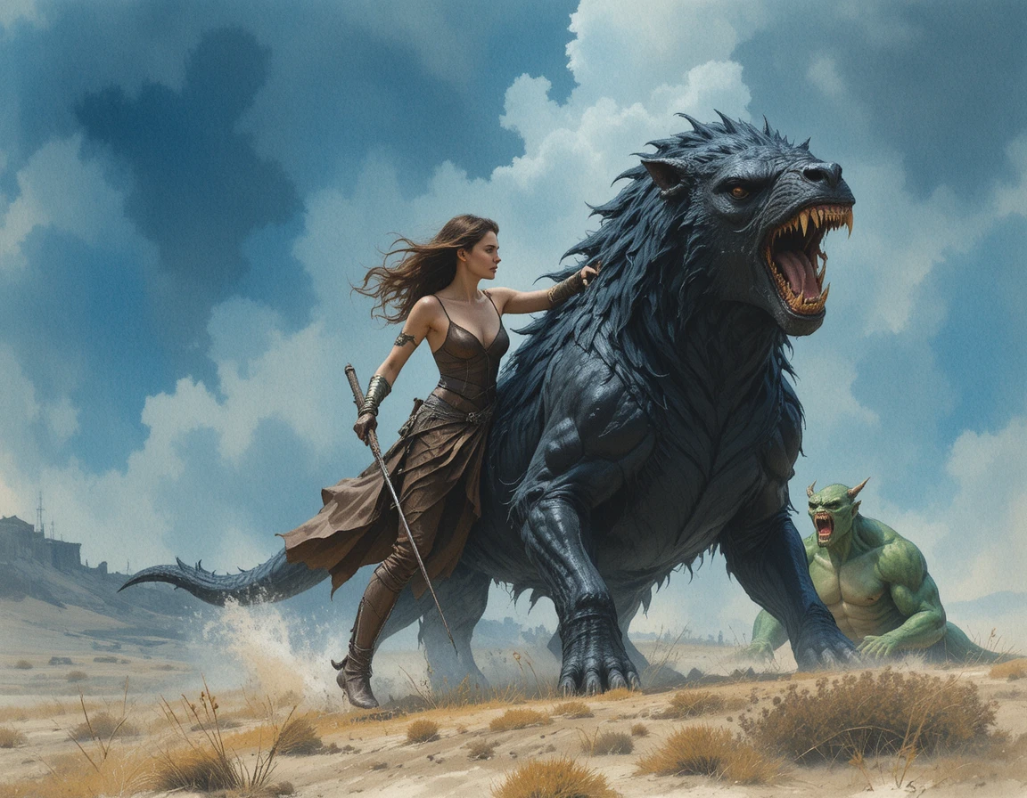 Warrior woman riding a raging black monster in battle