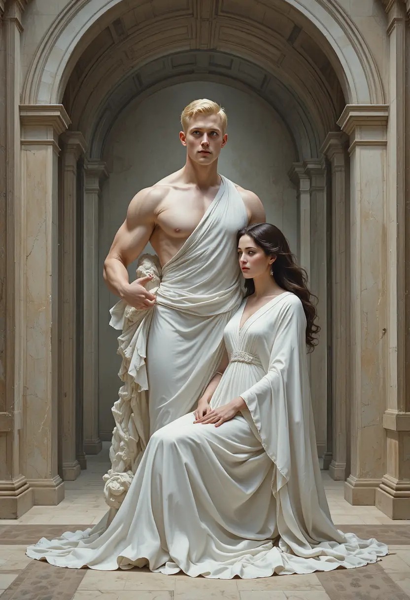 Young man in white tunic caught in mystical transformation