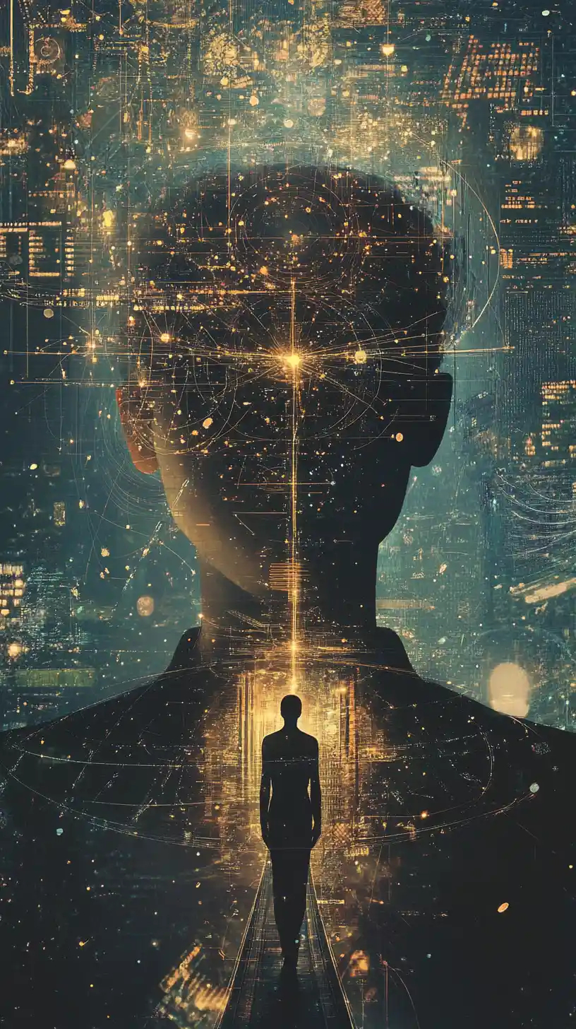 Ciel numérique avec constellations de données et miroir central réfléchissant