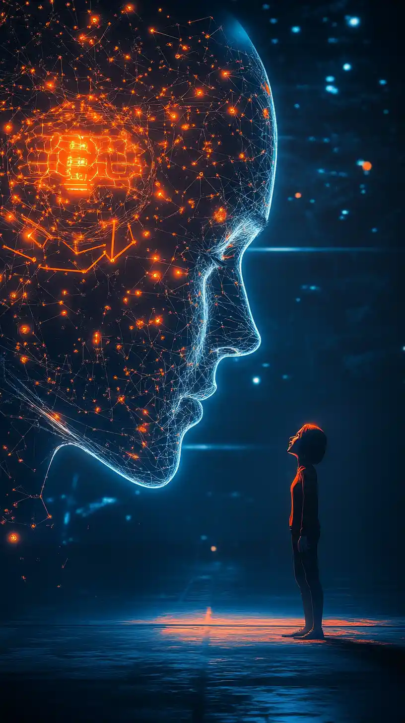 Anxious artist facing a glowing humanoid AI interface