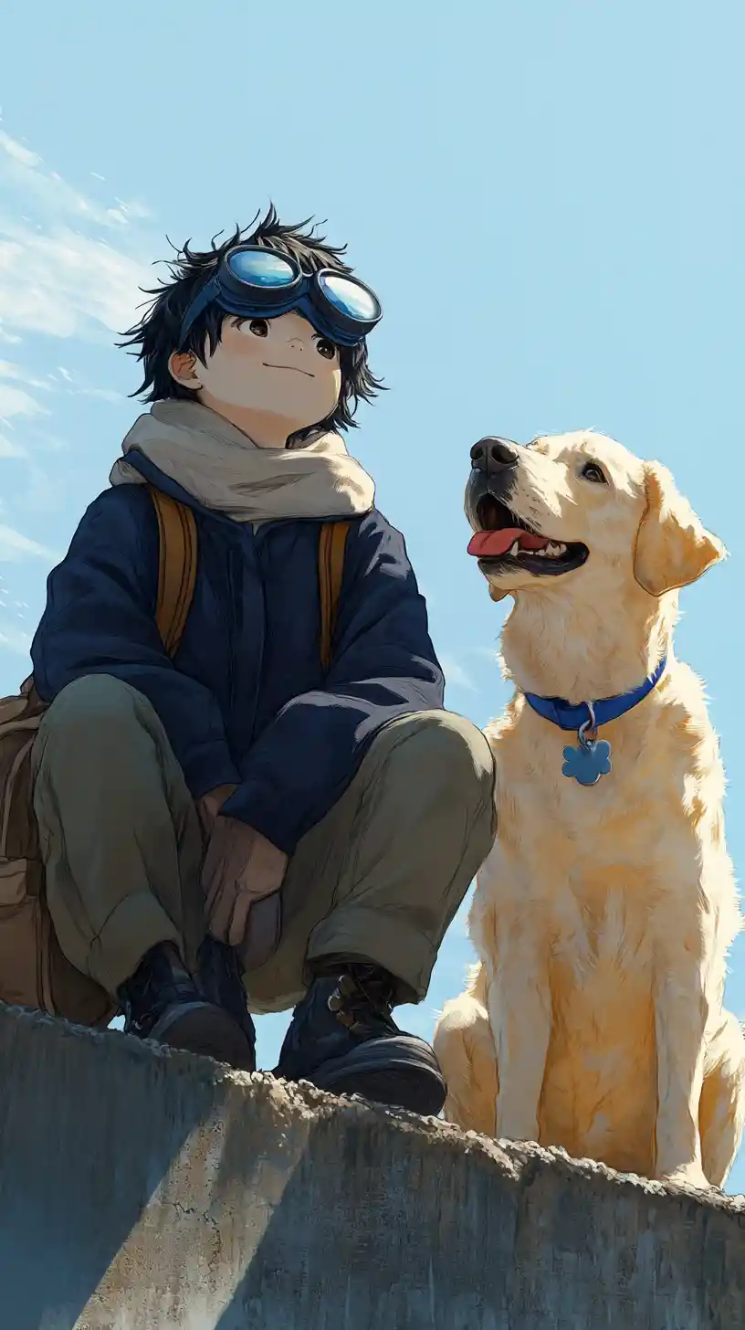 Niño y labrador descansando junto a un muro bajo el cielo azul