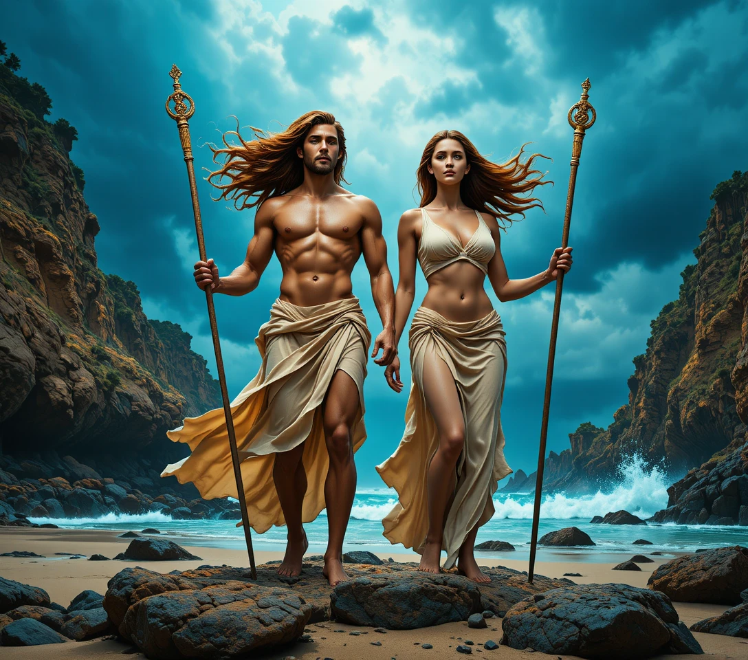 Divine man and woman on a stormy rocky shoreline