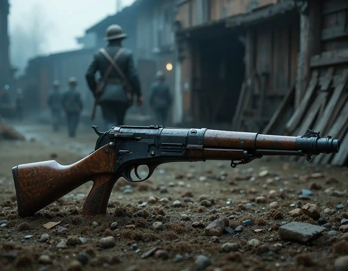 World War I pistol with bayonet in muddy trench foreground