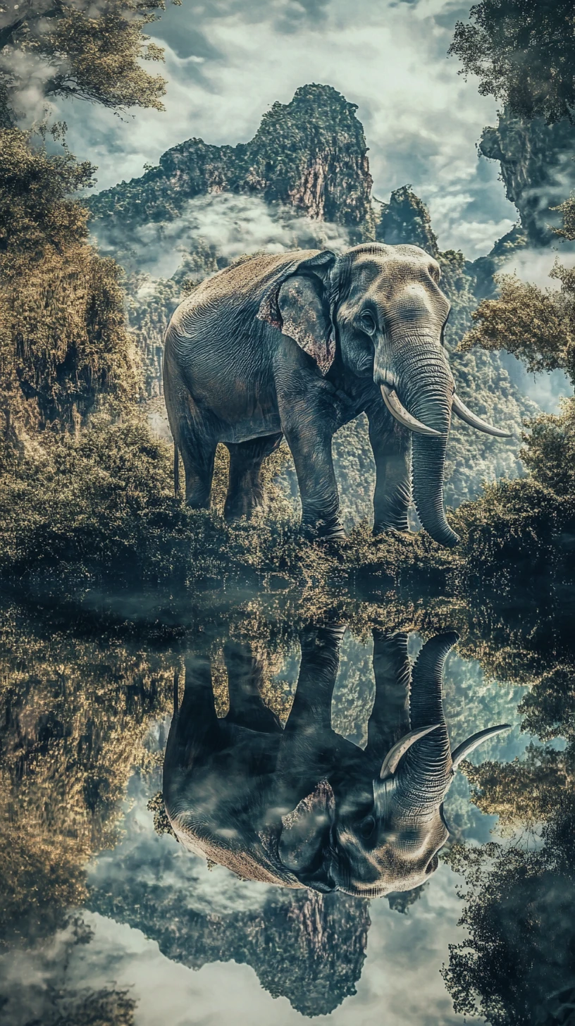 Ilusão surreal de um elefante em uma cena em múltiplas camadas