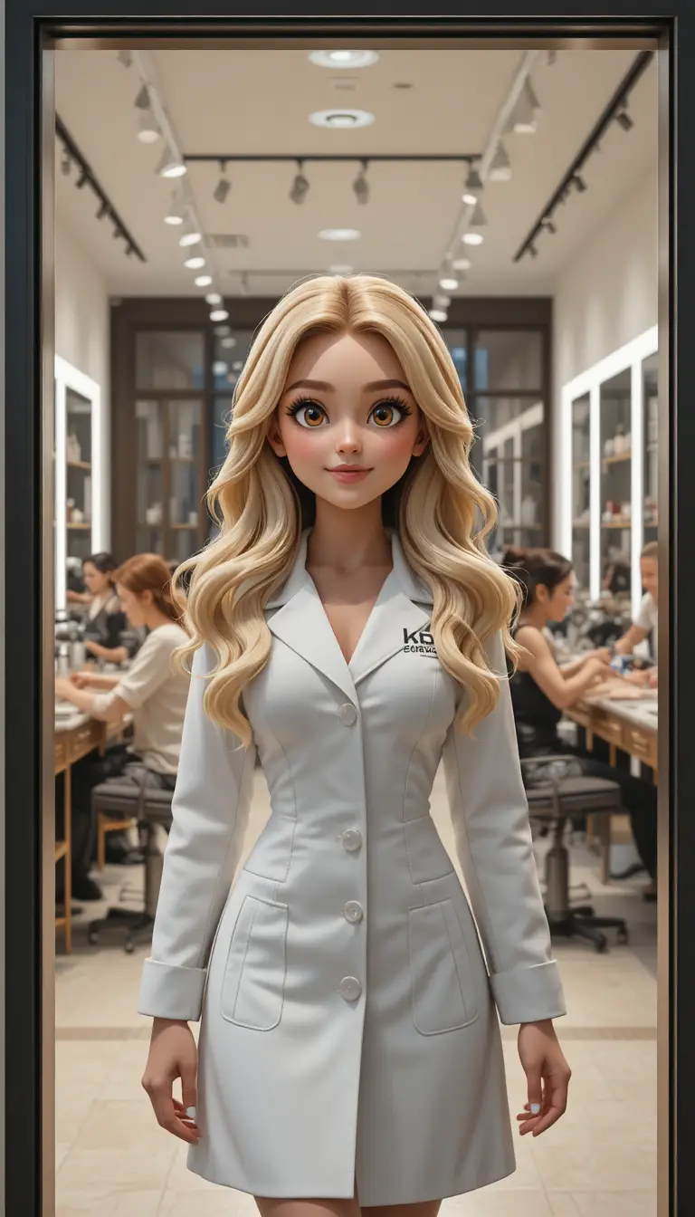 Smiling blonde woman entering a modern beauty salon