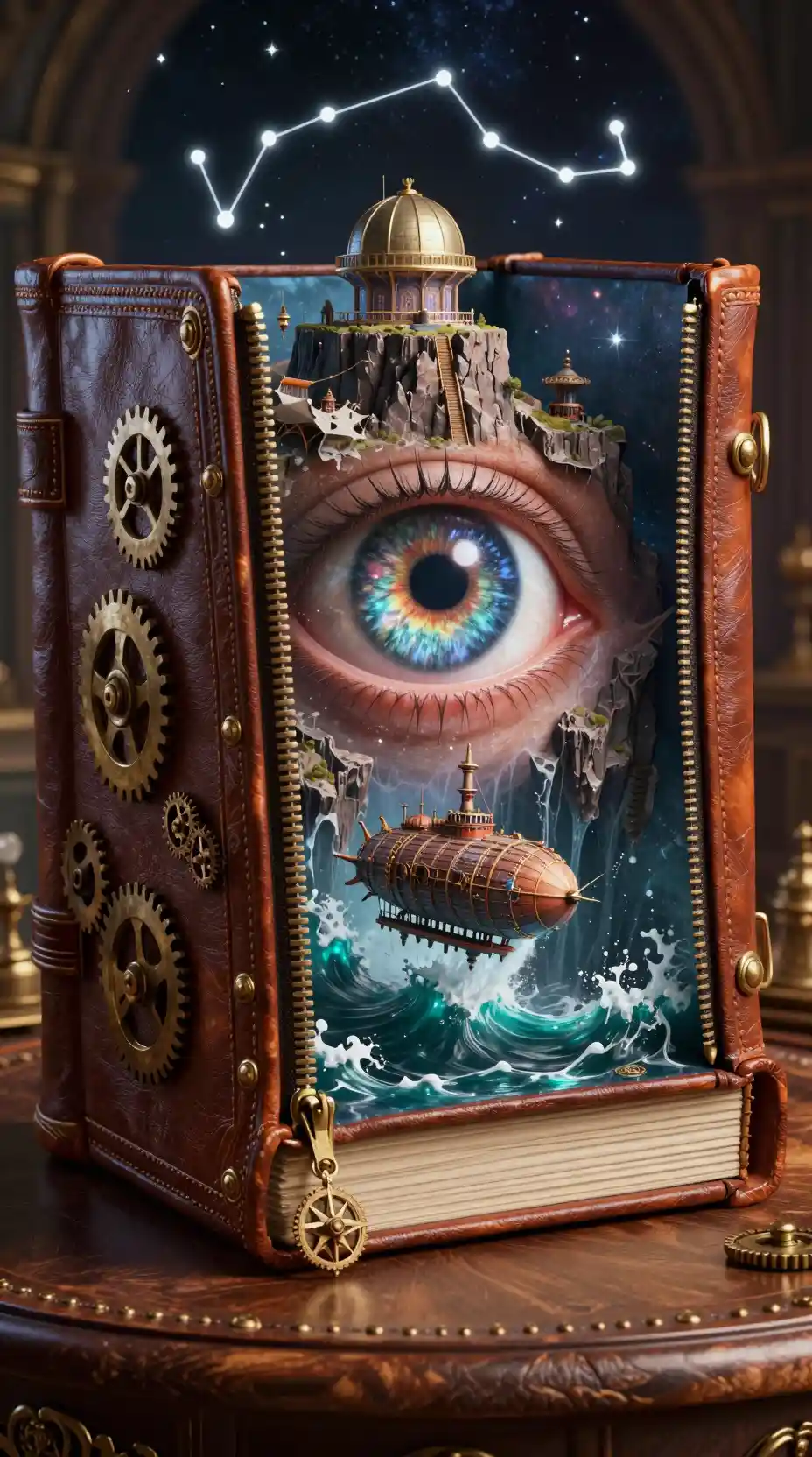 Ancient leather book unzipped to reveal a surreal universe