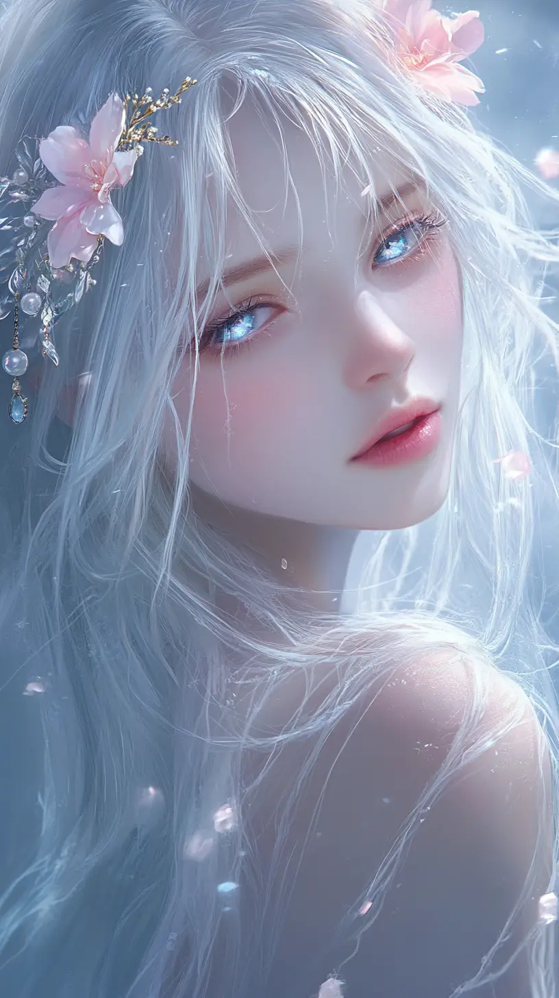 銀髮奇幻少女與花朵與柔和光暈