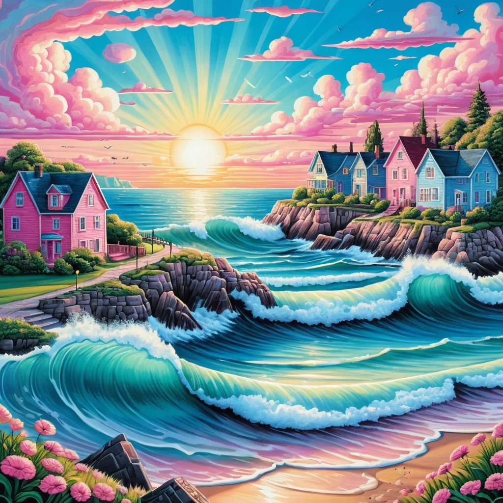 Colorido pueblo costero al amanecer en ilustración tipo dibujo animado