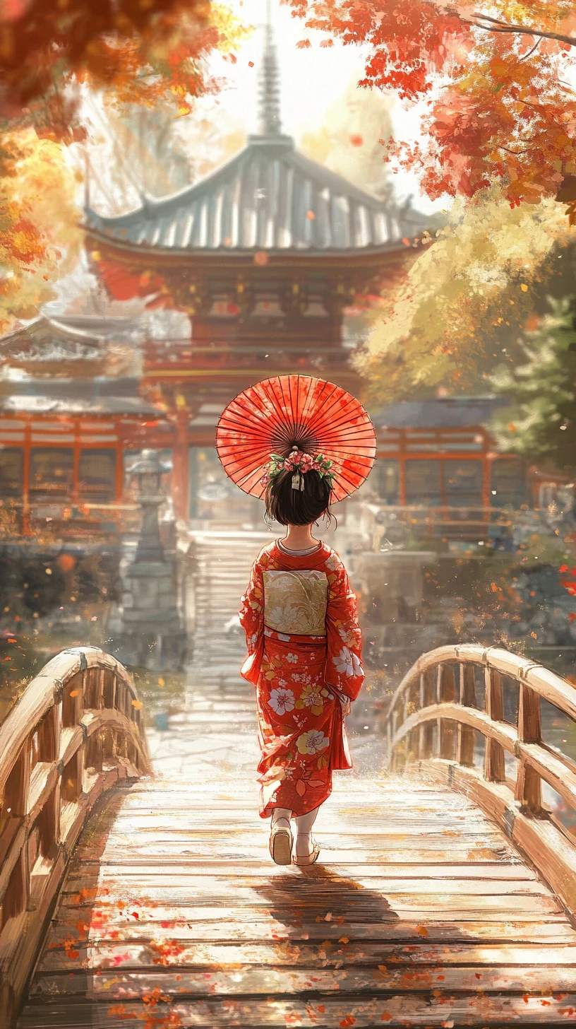 Chica japonesa con kimono rojo en un puente de templo otoñal