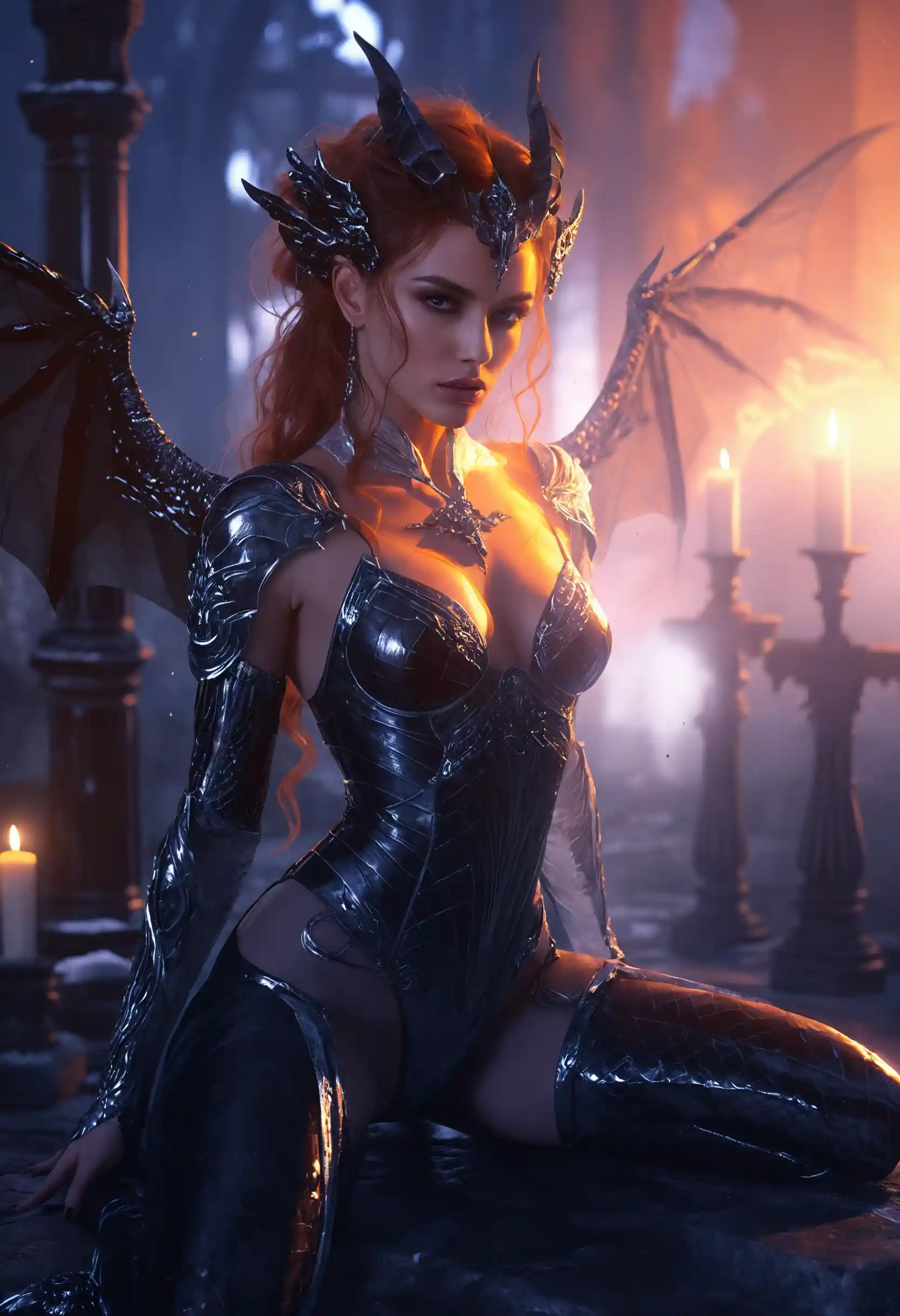 Dark fantasy femme fatale standing in ethereal moonlight