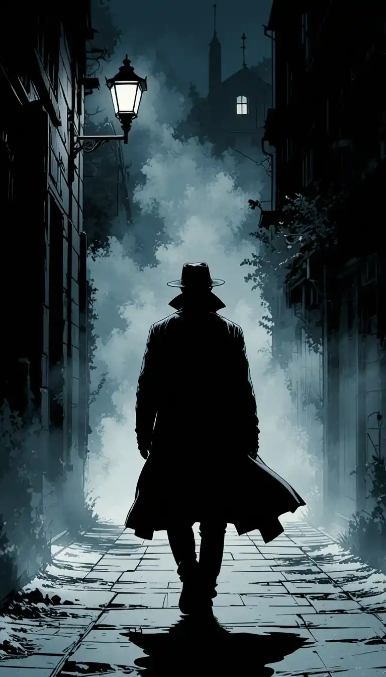 Noir detective silhouette walking through a foggy alley