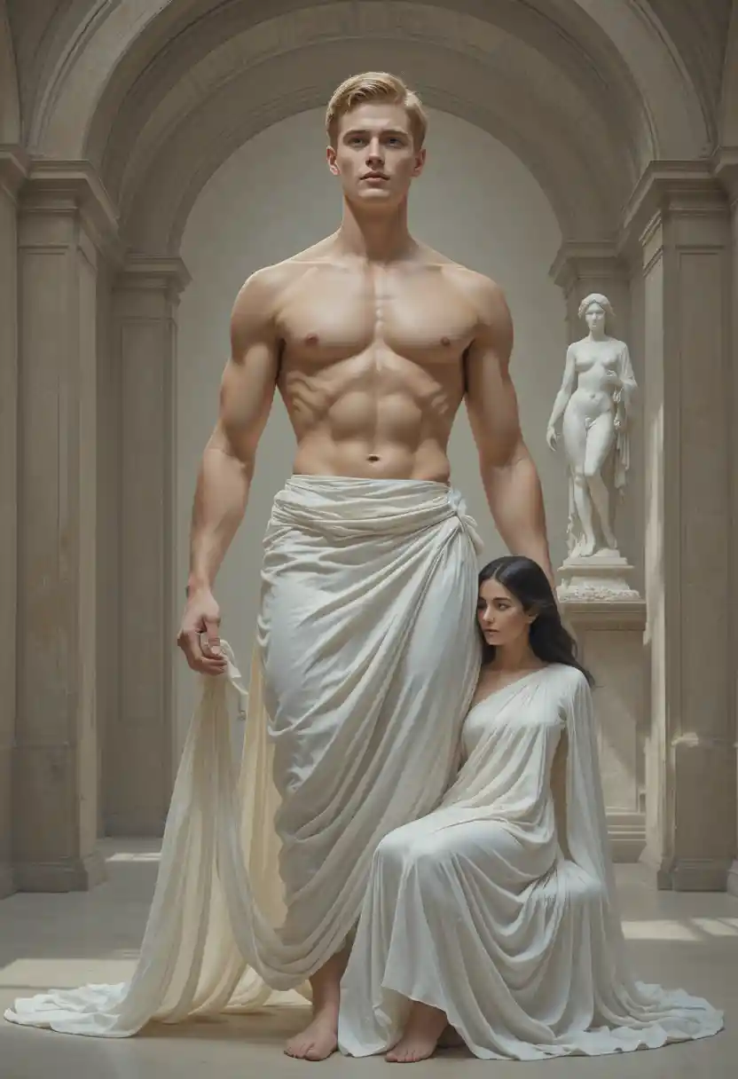 Young man transforming before a classical stone arch
