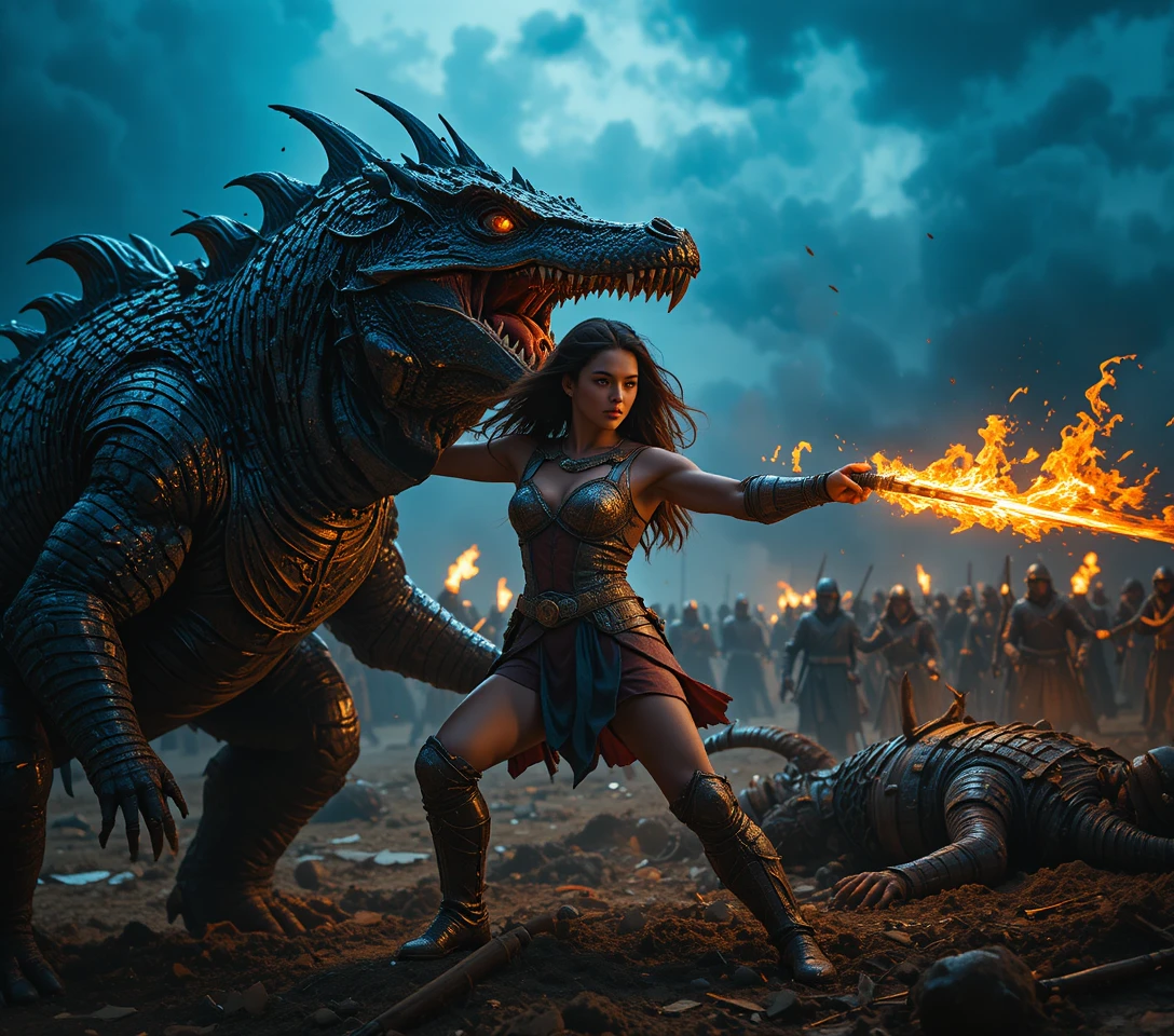 Fearless warrior woman riding a roaring black dragon