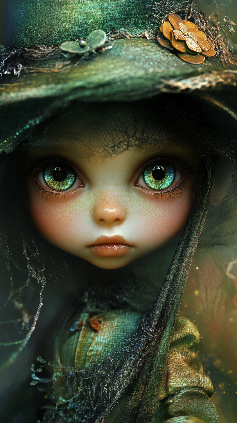 Bebé duende con ojos degradados y brillantes en suave desenfoque