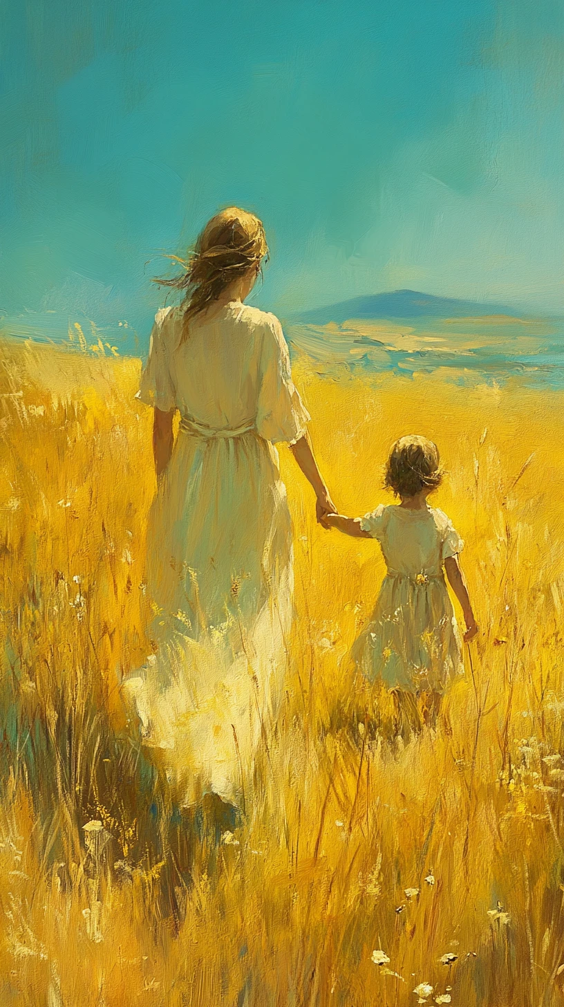 Madre e bambino che camminano attraverso un campo giallo illuminato dal sole