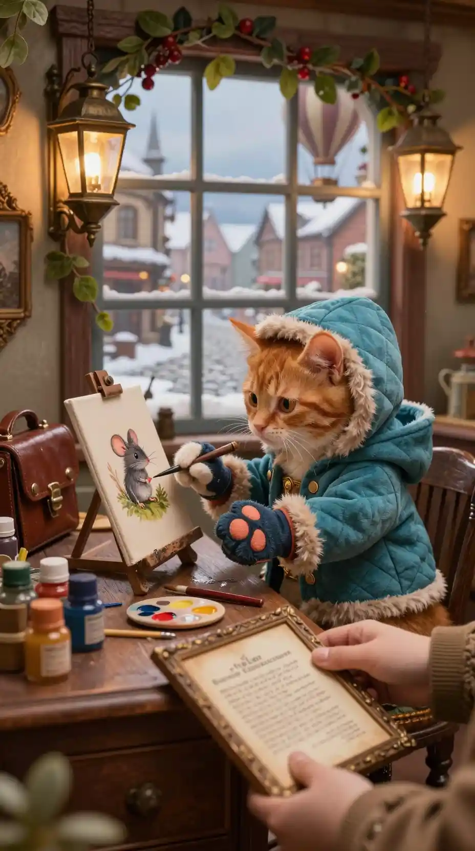 Ginger kitten artisan painting in a cozy vintage study