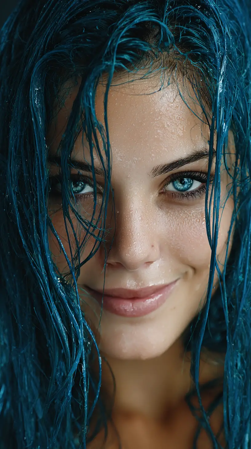 Donna giocosa con capelli blu bagnati e viso lucente