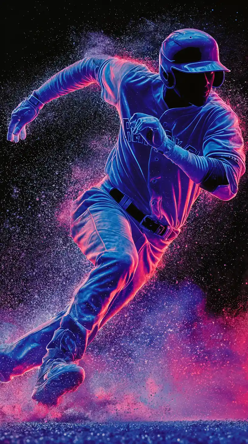 Neon-Baseballspieler rutscht zur Home Plate auf schwarzem Hintergrund