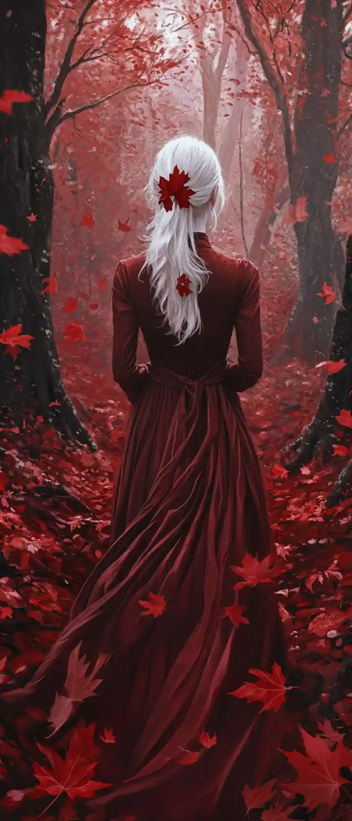 White haired girl in red dress in crimson forest