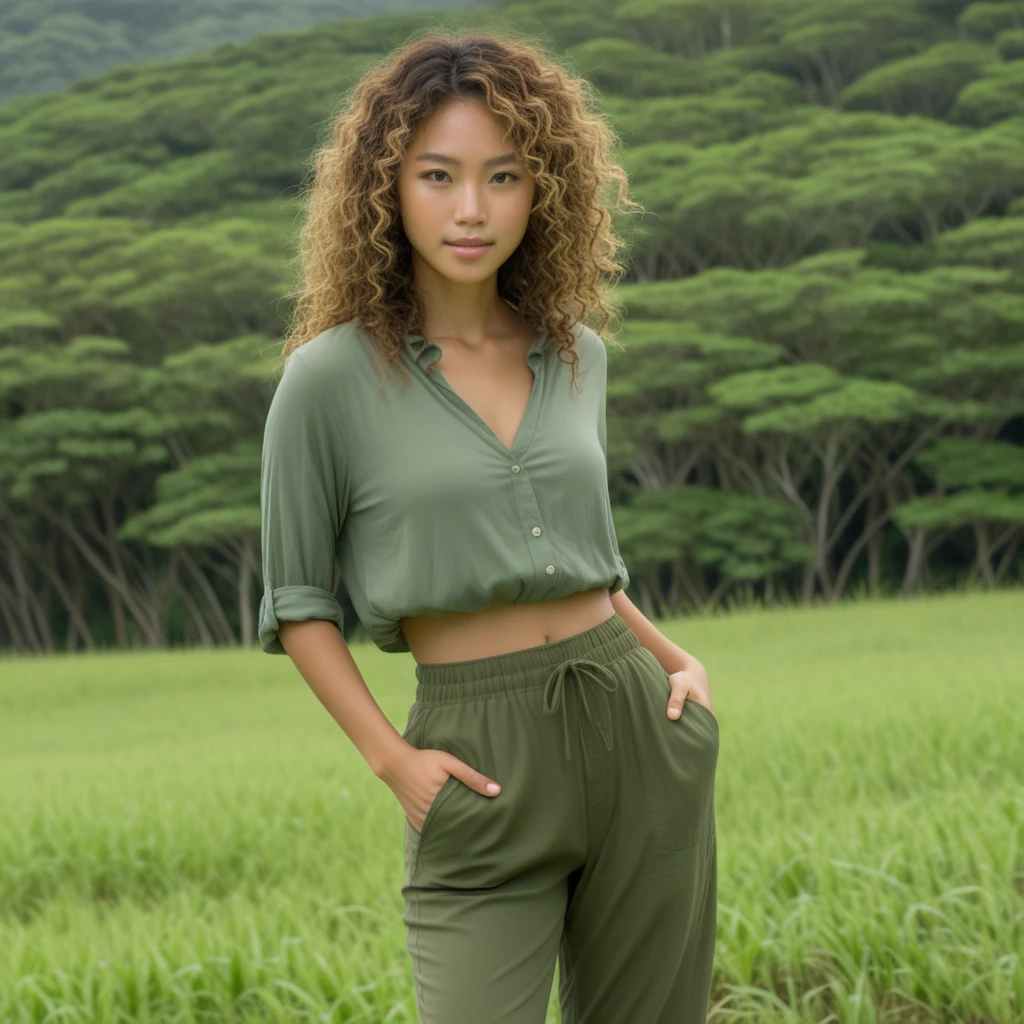 Gebräunte Okinawanerin steht auf einer Waldlichtung