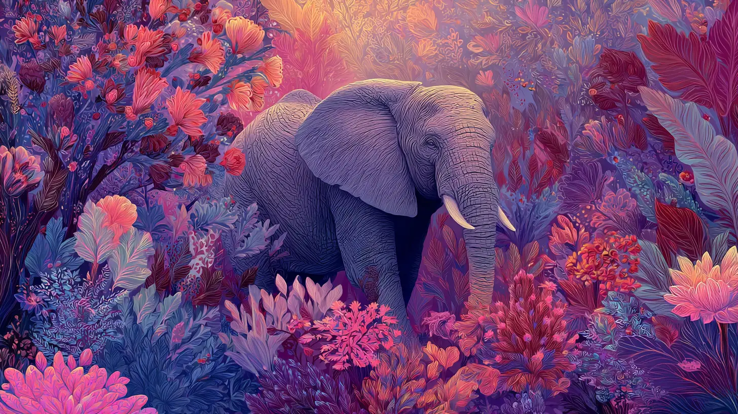 Elephant standing in a colorful surreal savannah dreamscape