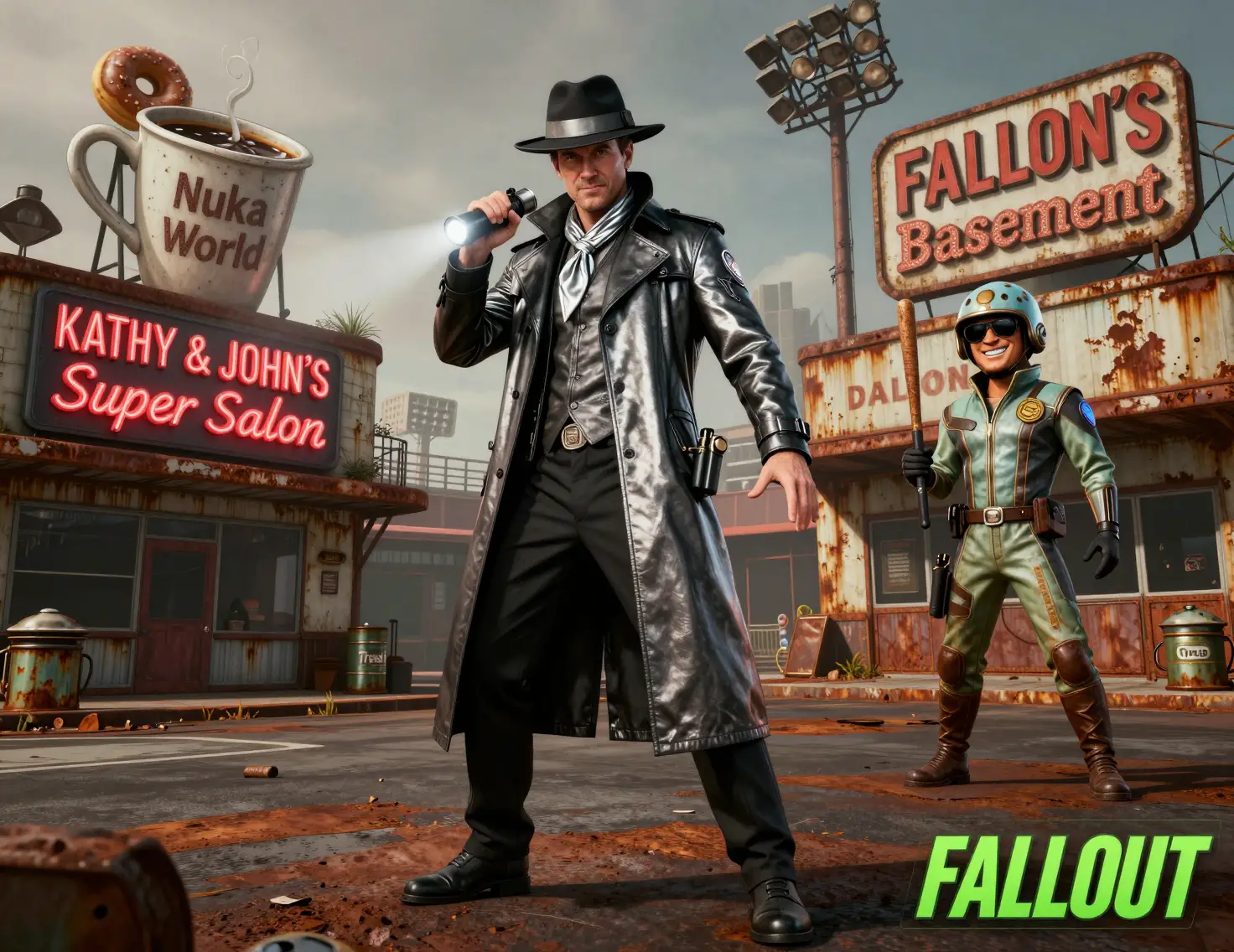 Sci fi detective posing in a rusted post apocalyptic street