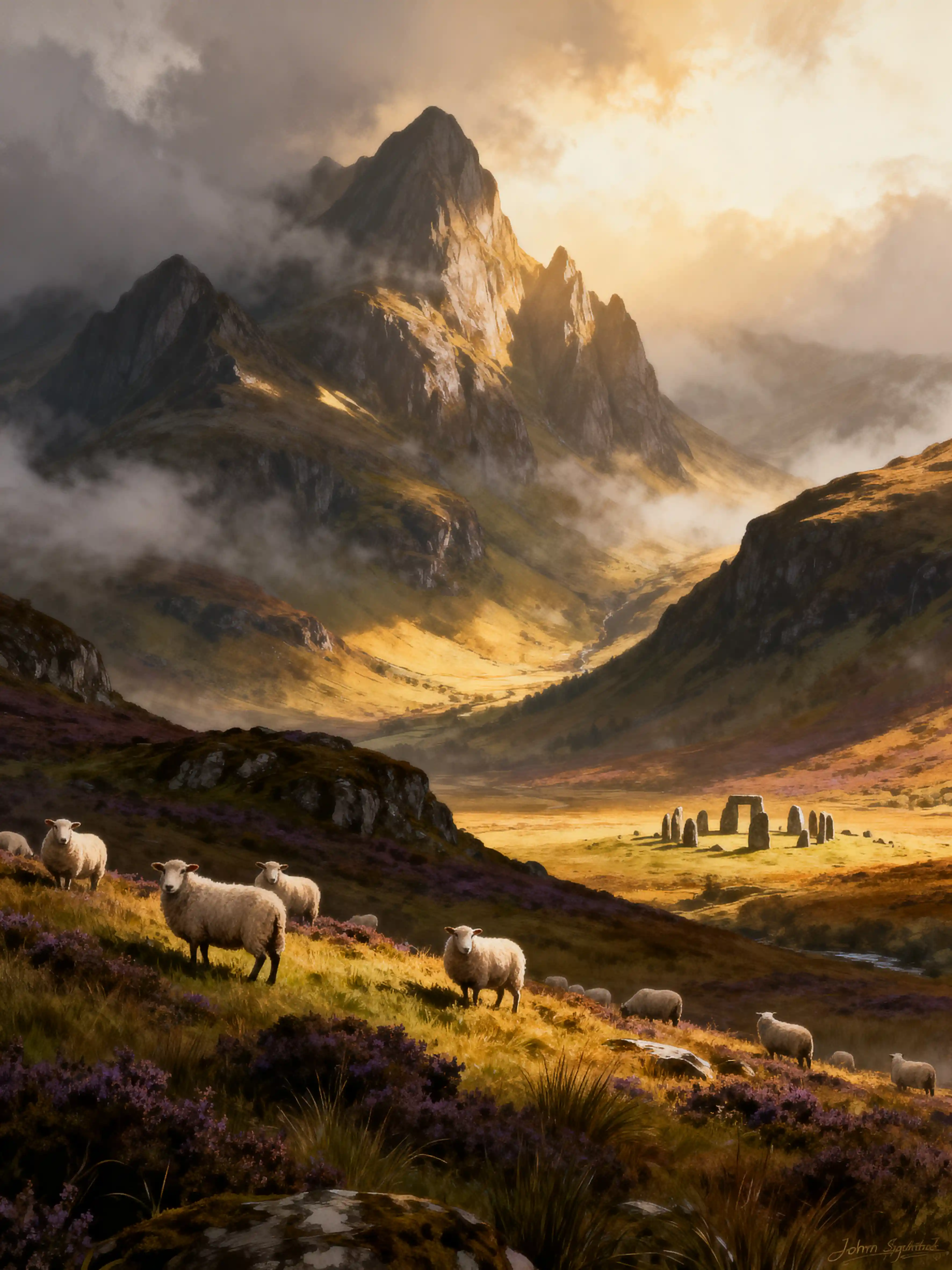 Mystical Scottish highlands in cinematic landscape illustration