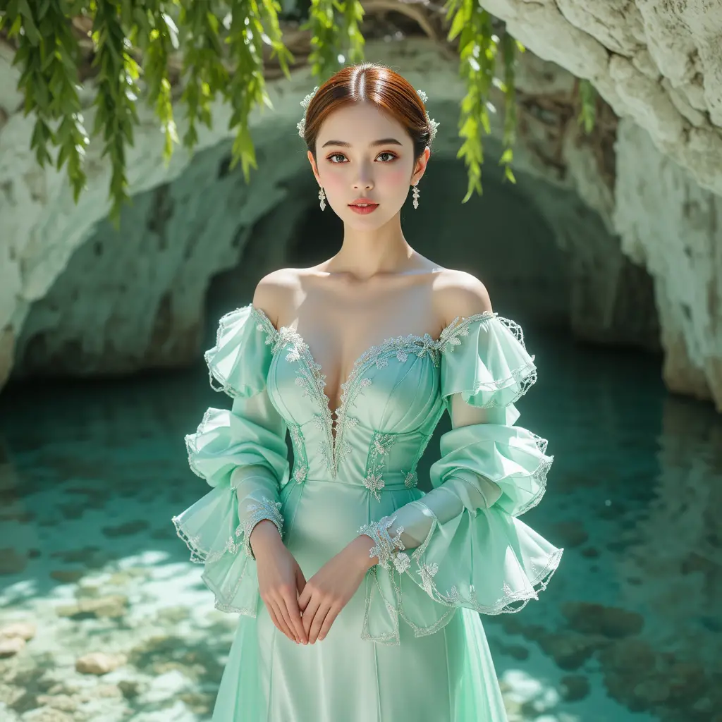 Korean woman in sea foam silk gown by turquoise grotto
