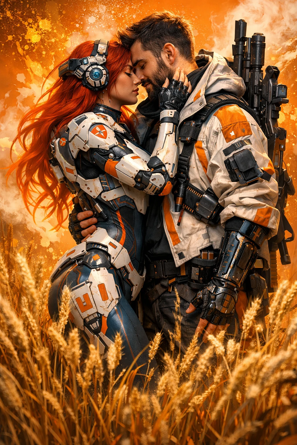 Pareja futurista abrazándose en un campo de trigo dorado