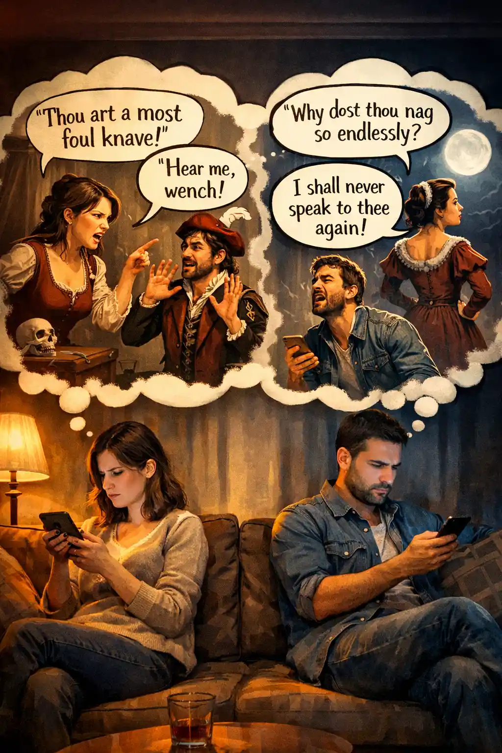 Couple On Couch Ignoring Each Other With Dramatic Thought Bubbles