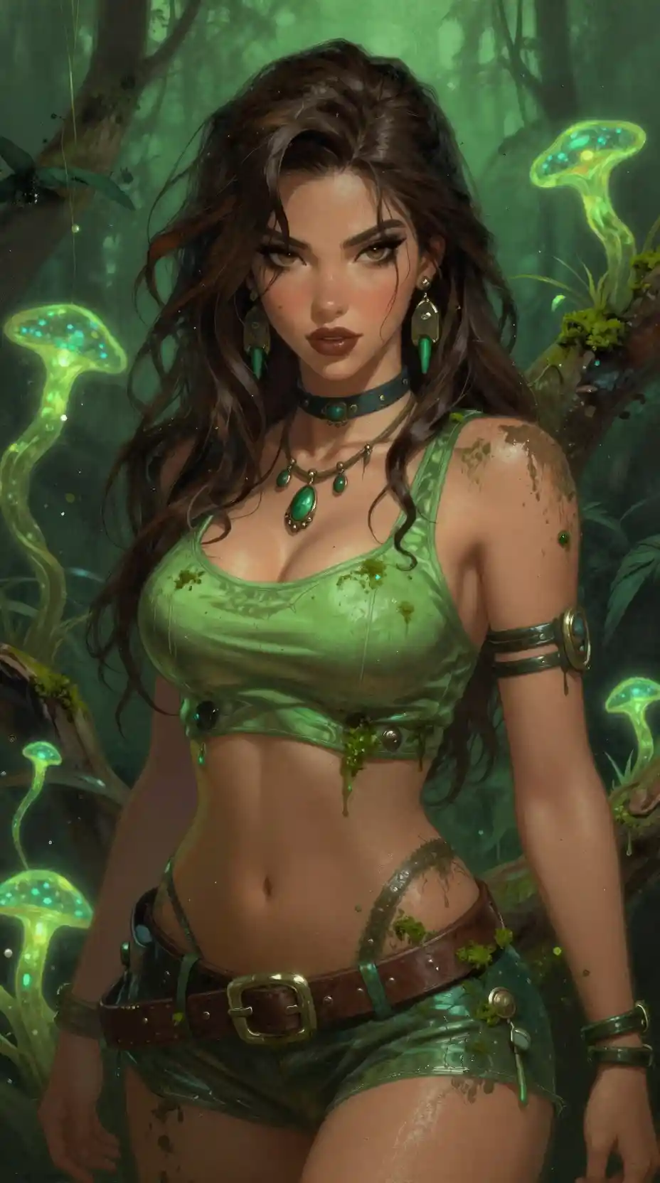 Anime brunette woman in a swamp with glowing plants