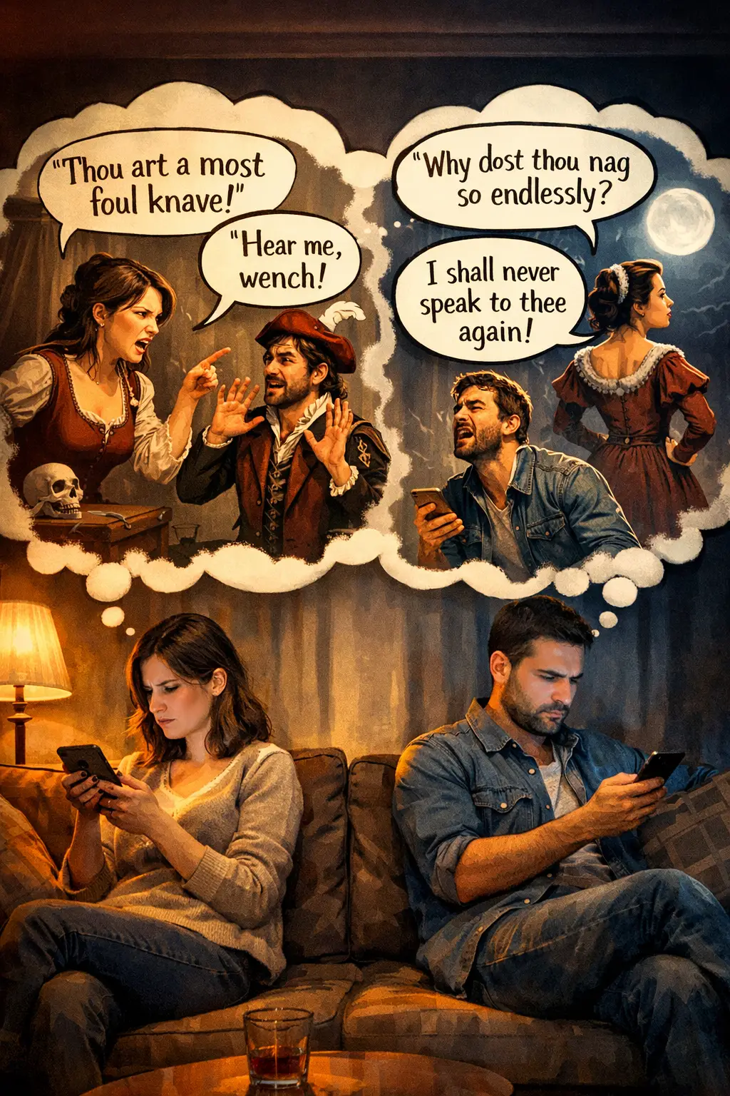 Couple On Couch Ignoring Each Other With Dramatic Thought Bubbles