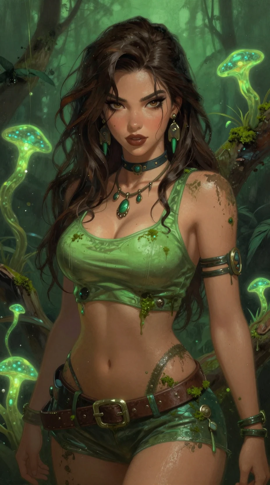 Anime brunette woman in a swamp with glowing plants