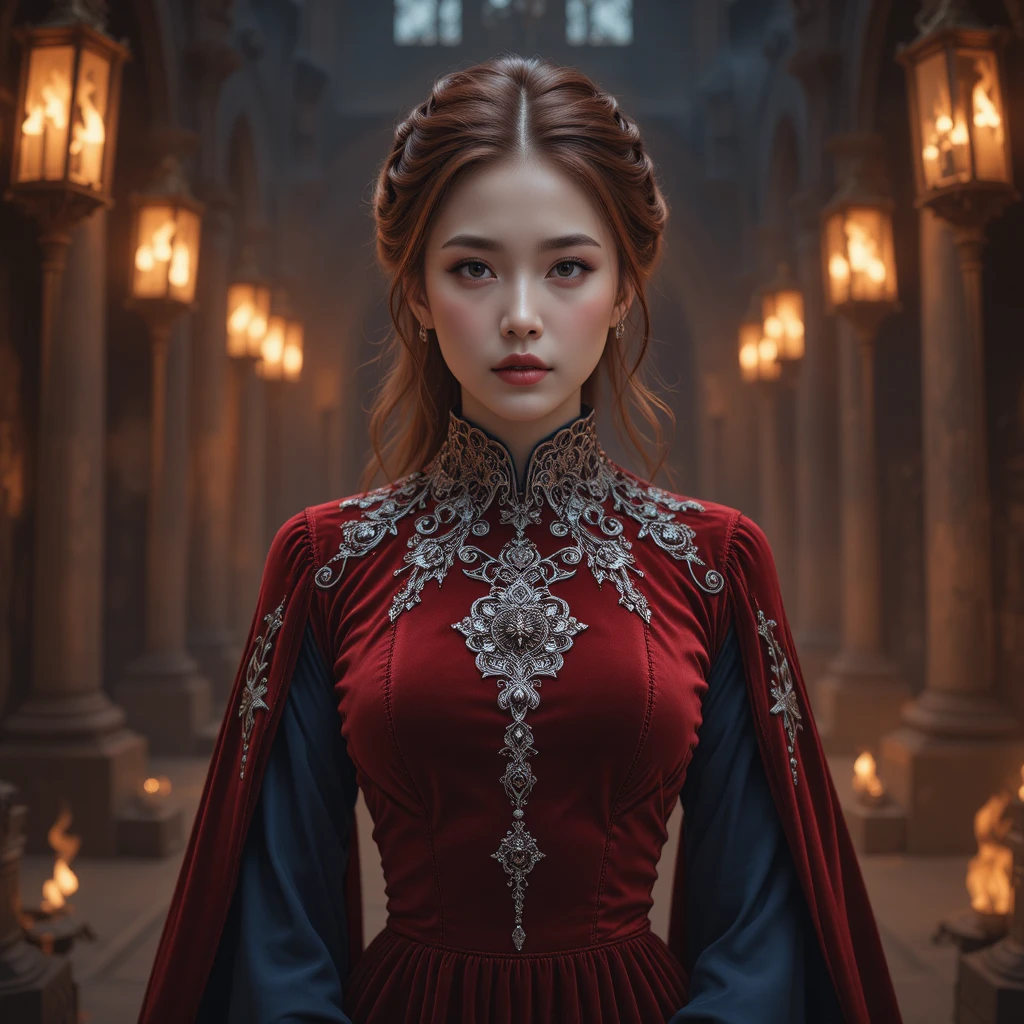 Regal korean woman in crimson velvet on iron throne