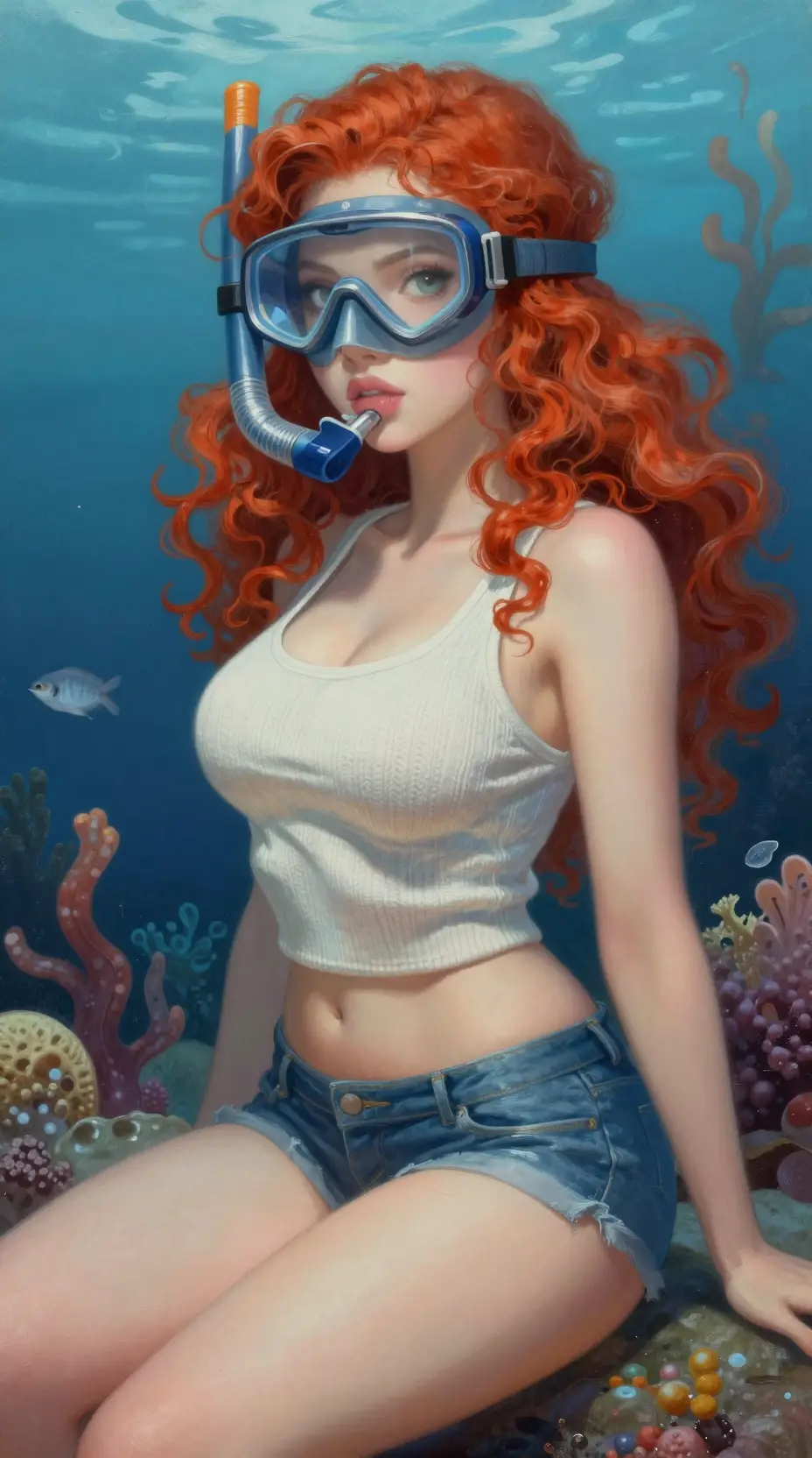 Curvy cartoon woman resting on the ocean floor underwater