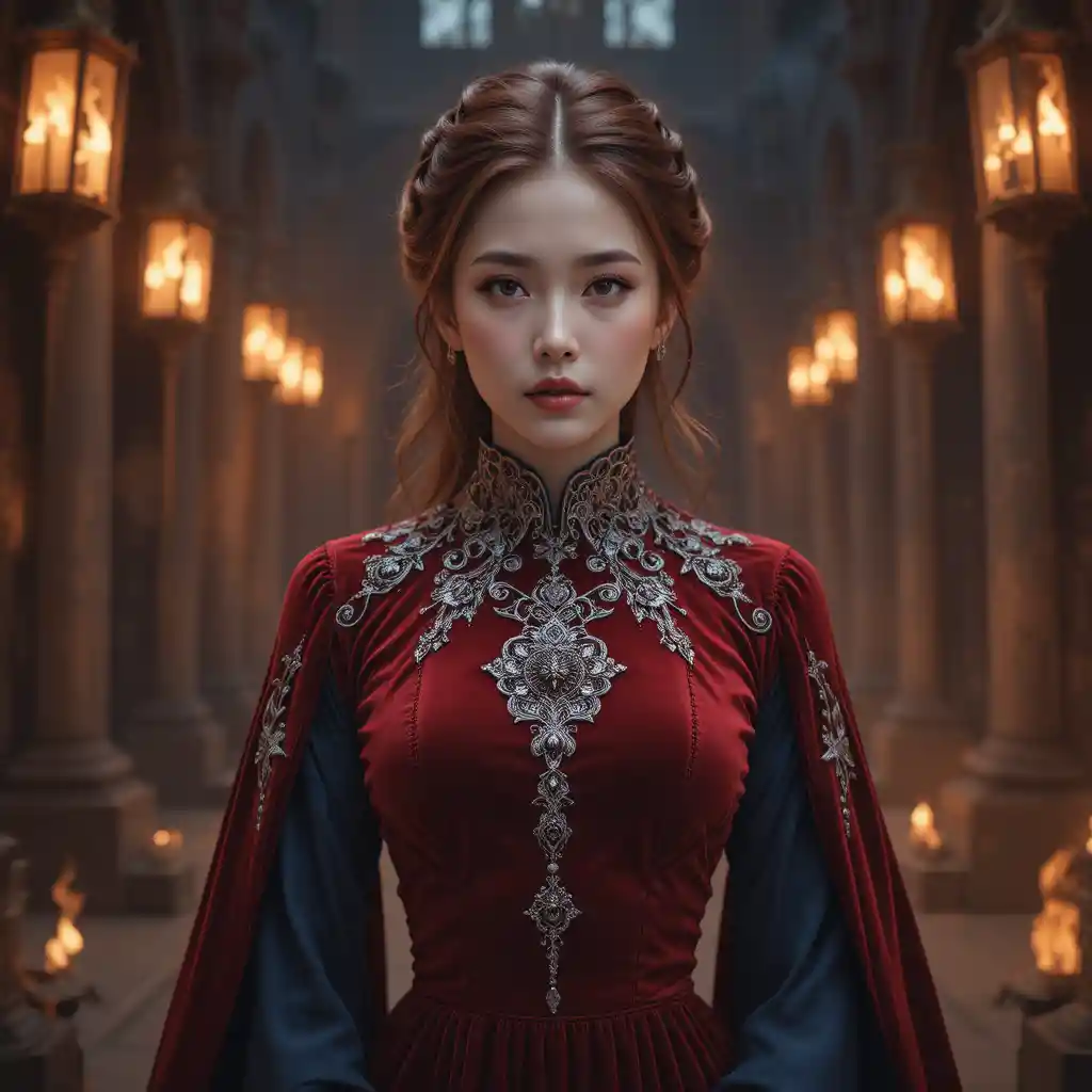 Regal korean woman in crimson velvet on iron throne