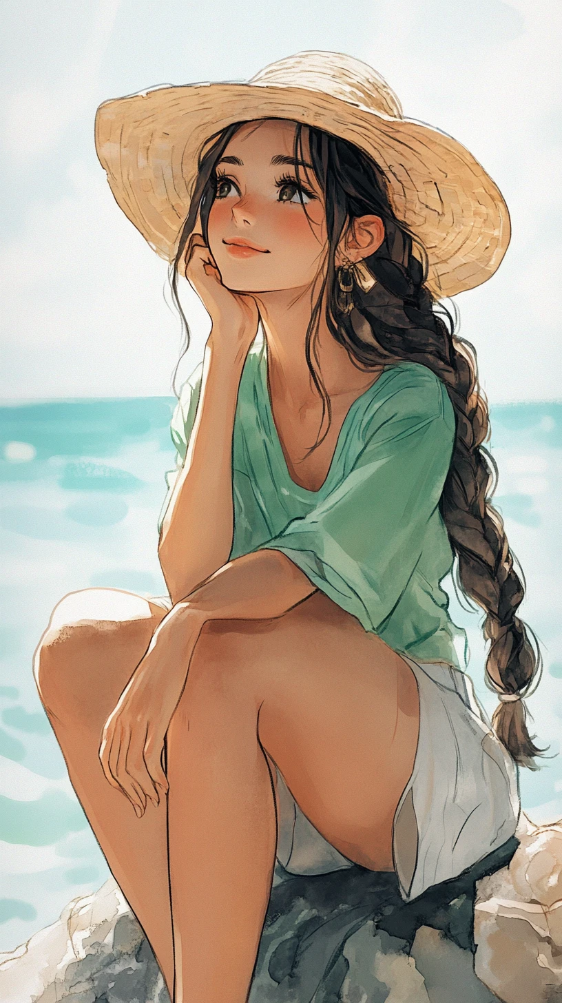 年輕女子在海邊幻想的水彩畫藝術