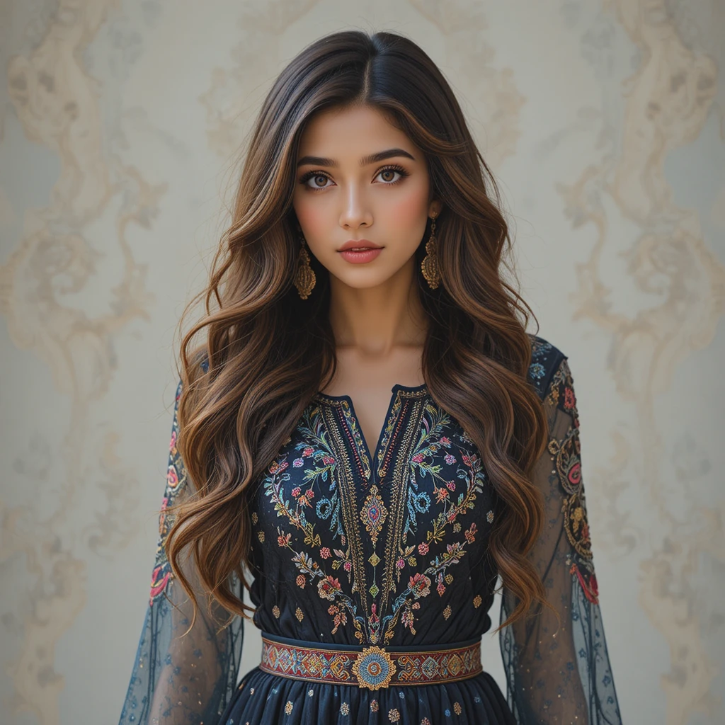 Mujer de Oriente Medio con vestido tradicional y cabello ondulado con mechas