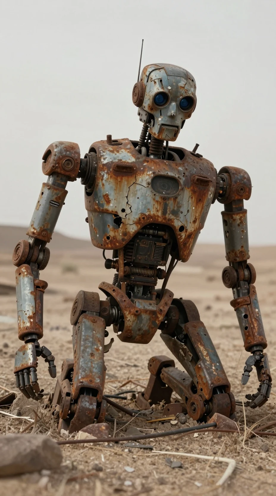 Zerbrochener, verrosteter Roboter in einer kargen, trostlosen Einöde