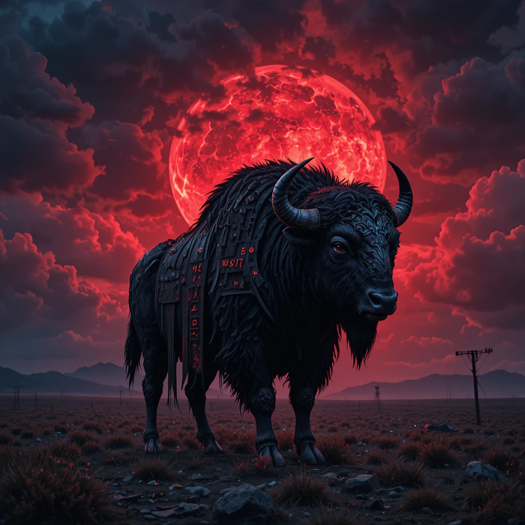 Bisonte dalle corna d’ossidiana sotto un cielo tempestoso rosso sangue