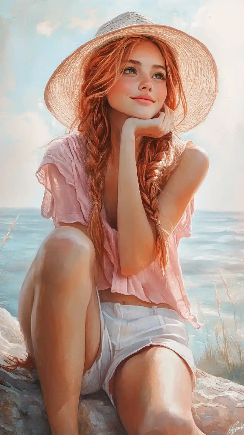 Joven con sombrero soñando despierta junto al mar tranquilo