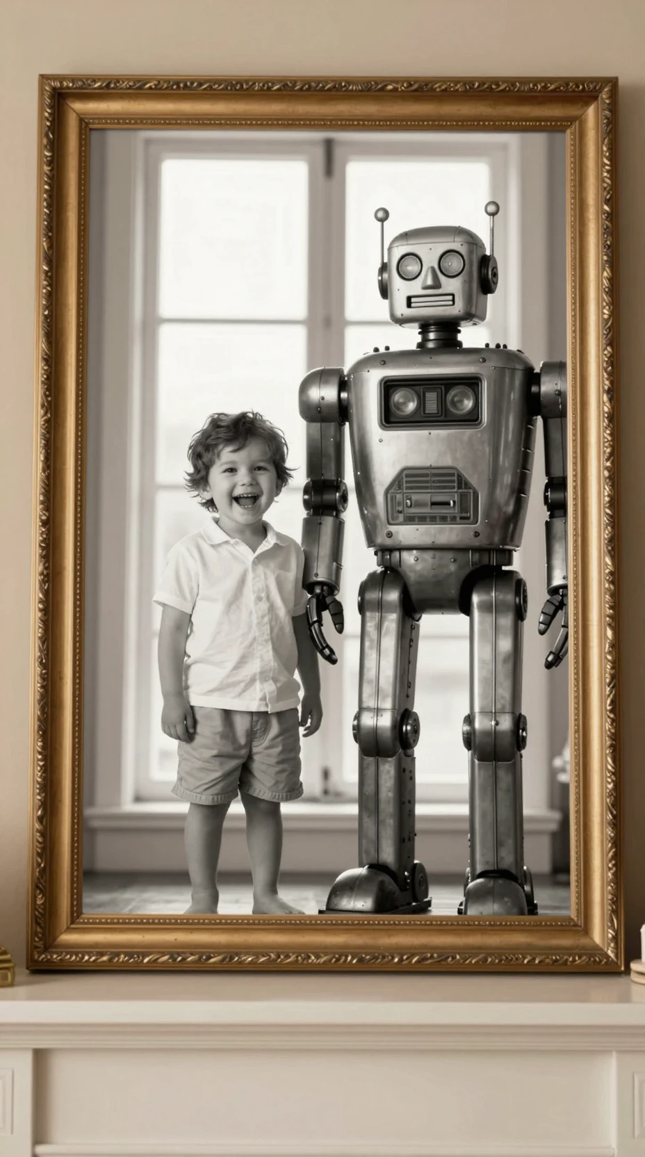 Niño sonriente y robot gigante en un retrato enmarcado