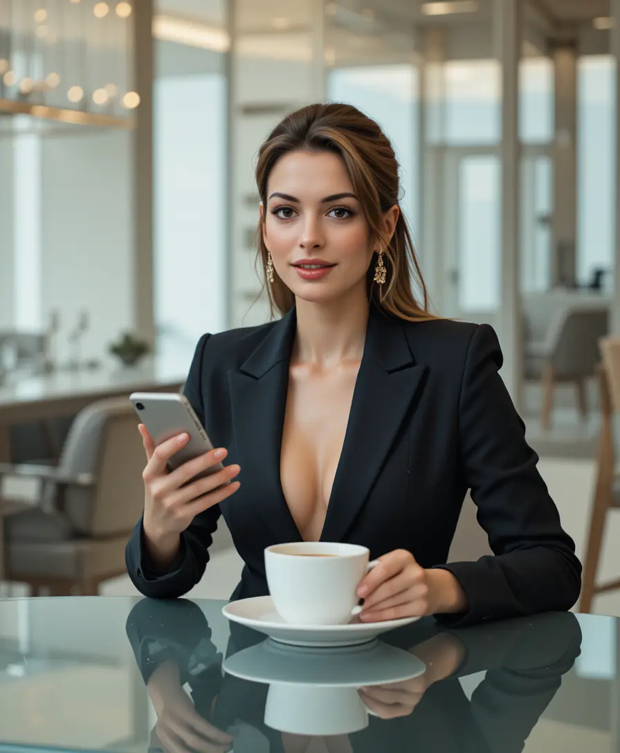 Confident woman at glass table in modern apartment